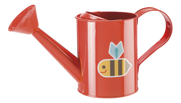 Metal Watering Can in red with bee design, 5.5 inches tall, perfect for kids’ gardening activities.