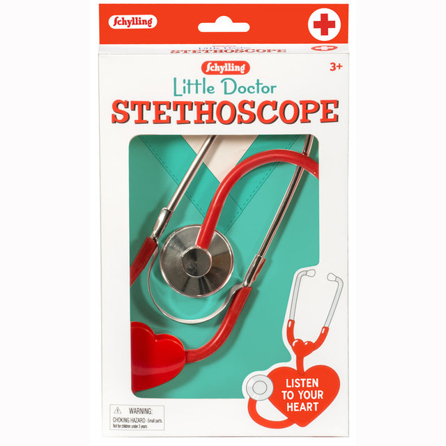 Stethoscope toy in packaging with red tubing and metal chest piece for kids aged 3 and up pretend play.