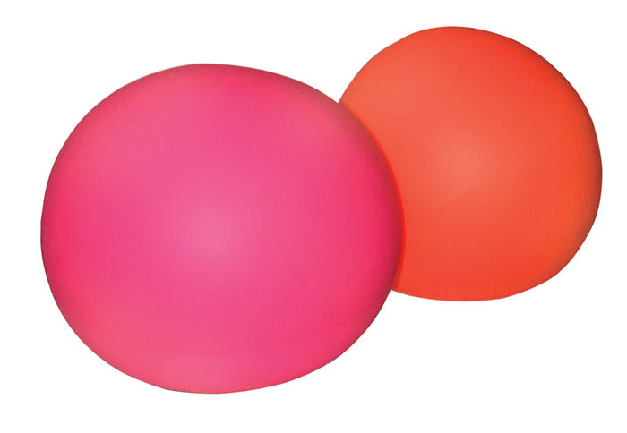 Two colorful stress balls in pink and orange for squeezing, NeeDoh Groovy Glob stress relief toy.
