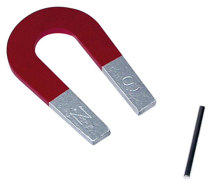 Metal Horseshoe Magnet with red body and silver ends shown next to a small metal rod for magnetic experiments.