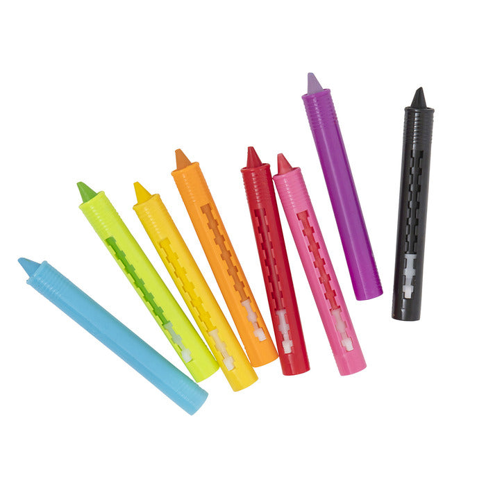 Brightly colored Bath Crayons set for kids with eight crayons in a variety of colors and adjustable holders.