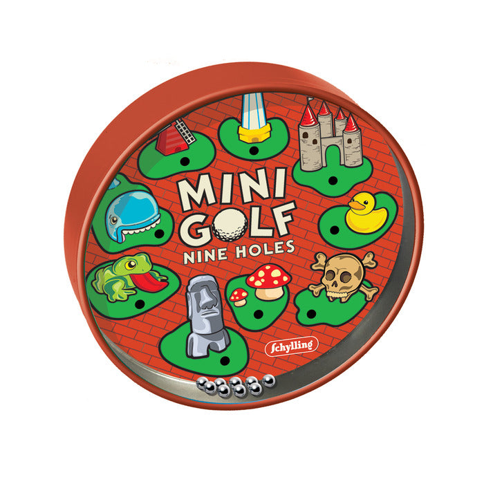 Tin Bead Game featuring a mini golf design with nine holes and metal balls for skill and patience play.