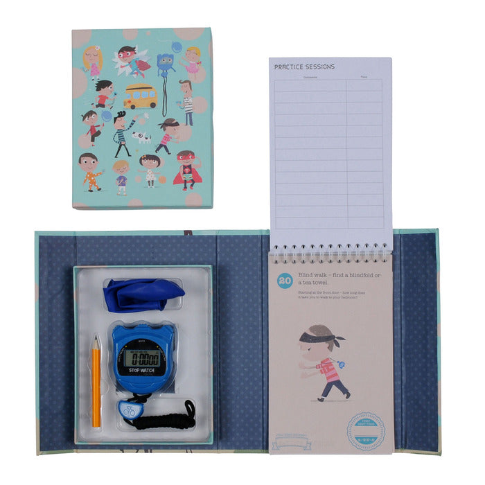 Beat the Clock | Stopwatch Set showing stopwatch, balloons, pencil, challenge book, and colorful storage box with playful design.