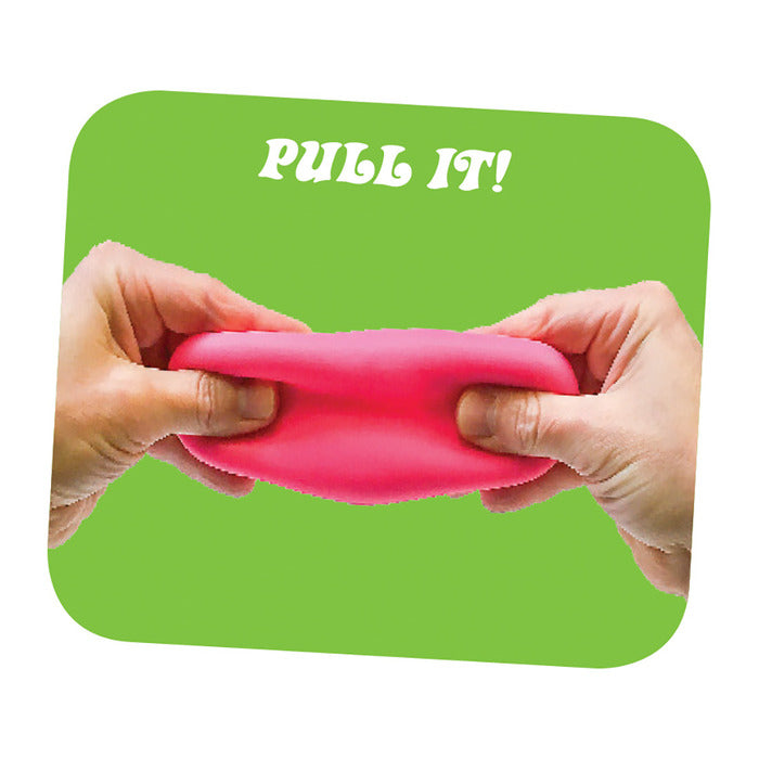 Two hands stretching a pink NeeDoh Groovy Glob stress ball against a green background with Pull It text.
