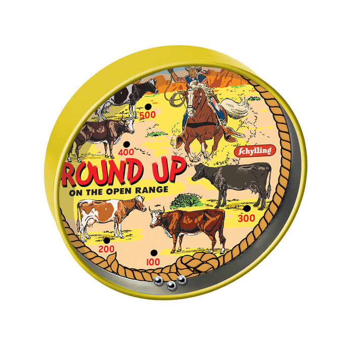 Tin Bead Game featuring a western cattle round-up design with metal balls and holes for skill play.