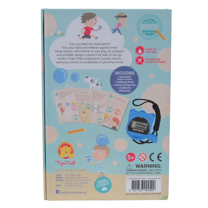 Beat the Clock | Stopwatch Set featuring stopwatch, challenge book, balloons, pencil, and storage box for time-based activities.