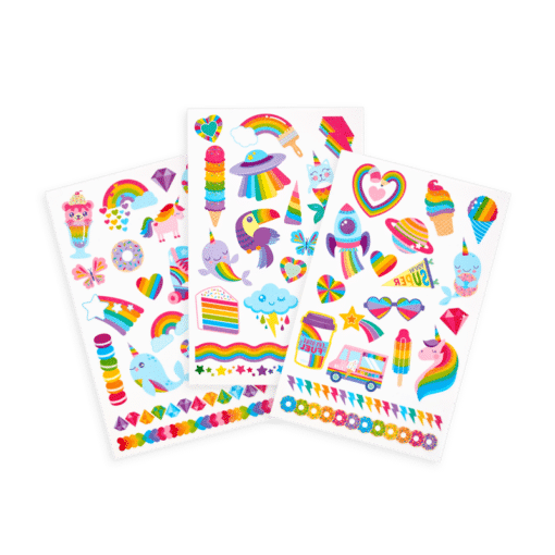 Over the Rainbow Tattoos featuring colorful rainbow hearts, unicorns, ice cream, and fun glitter temporary tattoo sheets.