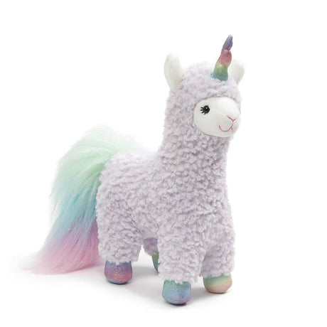 Llamacorn Sugar Plum plush with pastel turquoise textured fur, rainbow horn, hooves, and fluffy multicolor tail.