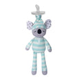 Organic Koala Kozy Pacifier Buddy in soft striped fabric, cuddly and perfect for soothing babies, pacifier not included.