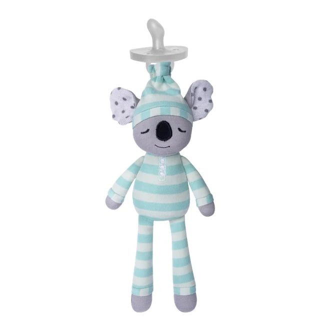 Organic Koala Kozy Pacifier Buddy in soft striped fabric, cuddly and perfect for soothing babies, pacifier not included.