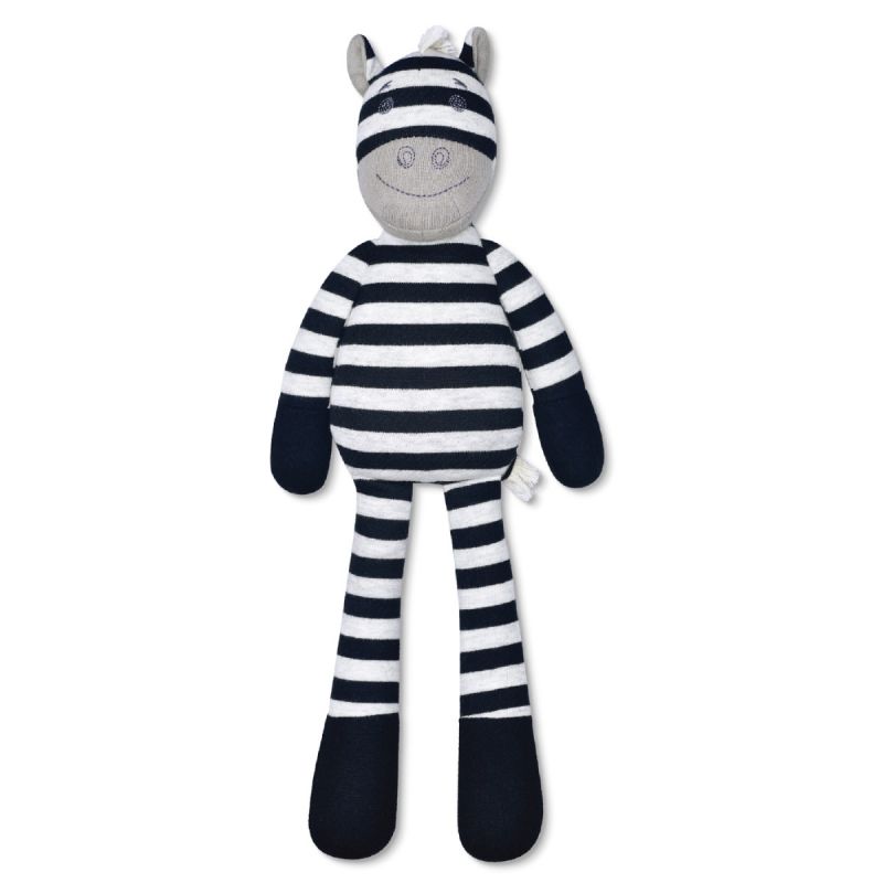 Organic Zebra Ziggy plush toy with black and white stripes, made from 100% organic cotton and hypoallergenic filler.