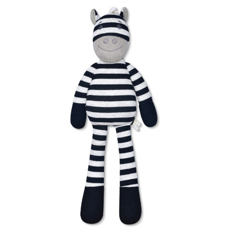 Organic Zebra Ziggy plush toy with black and white stripes, made from 100% organic cotton and hypoallergenic filler.
