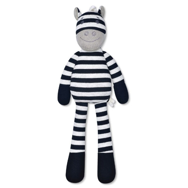 Organic Zebra Ziggy plush toy with black and white stripes, made from 100% organic cotton and hypoallergenic filler.