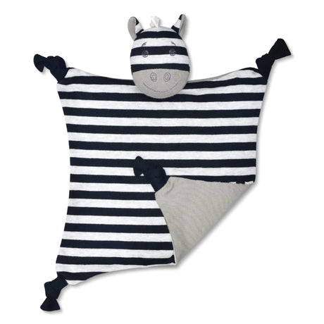 Organic Zebra Ziggy Blankie with black and white stripes and a soft zebra head for cozy comfort.
