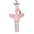 Organic Flamingo Pacifier Buddy made of soft pink organic cotton with striped legs and polka dot wings.