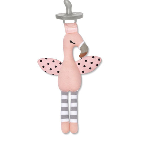 Organic Flamingo Pacifier Buddy made of soft pink organic cotton with striped legs and polka dot wings.