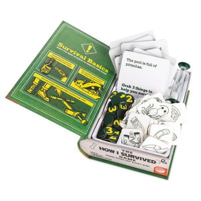 The How I Survived Game box showing object chips, scenario cards, and a timer for creative survival challenges.