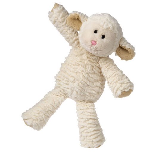 Marshmallow Lamb plush toy with soft fabric, embroidered details, and weighted beans for cuddly comfort and floppiness.