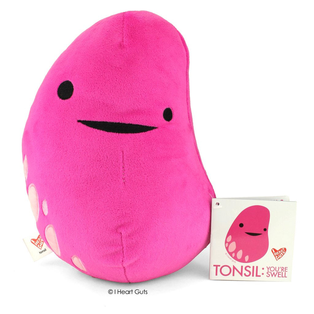 Bright pink plush Tonsil toy with a friendly face and a fact-filled hangtag explaining its immune function.