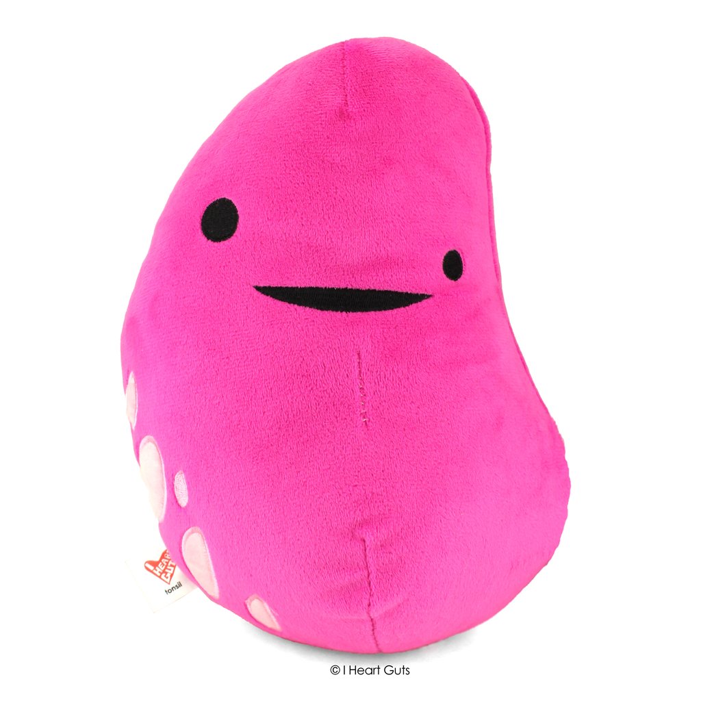 Bright pink plush toy shaped like a tonsil with a friendly face, measuring 9.5 x 6 x 4.5 inches, Tonsil.