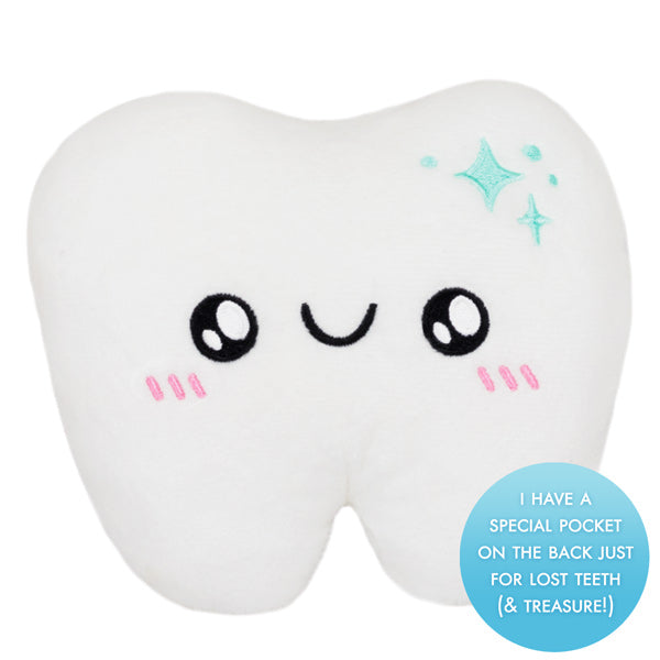 Tooth Fairy Pillow plush molar with cute face and a special pocket for lost teeth or treasure.