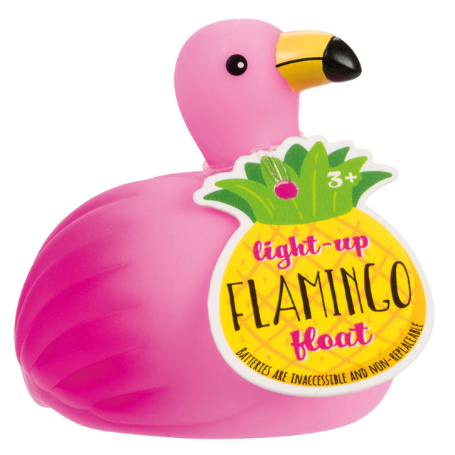 Light-Up Floating Flamingo bath toy in pink with a pineapple tag, designed for ages 3 and up with built-in light feature.