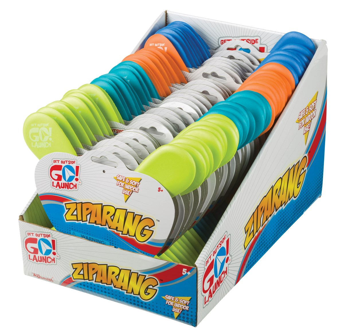 Boomerang Ziparang foam boomerangs in bright assorted colors, safe for indoor fun, ages 5 and up, displayed in box.