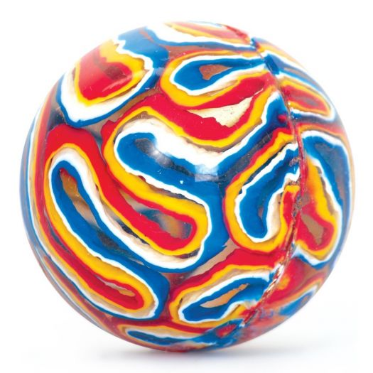 Classic Bouncy Ball with vibrant red, blue, yellow swirl design, pocket-sized and perfect for durable, fun play on the go.