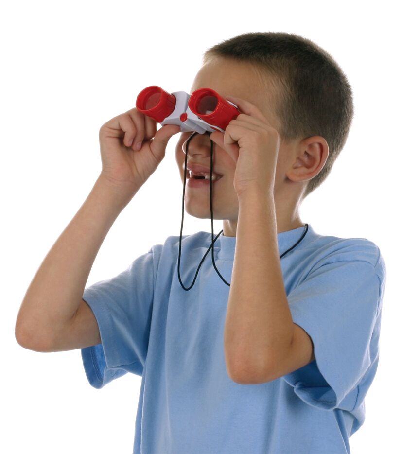 Child using red Folding Binoculars with 3X magnification, designed for convenient folding and ages 5 and up.
