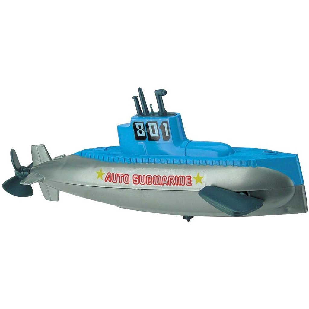 Wind-Up Submarine bath toy in blue and silver with long-lasting sealed gears designed to dive and resurface.