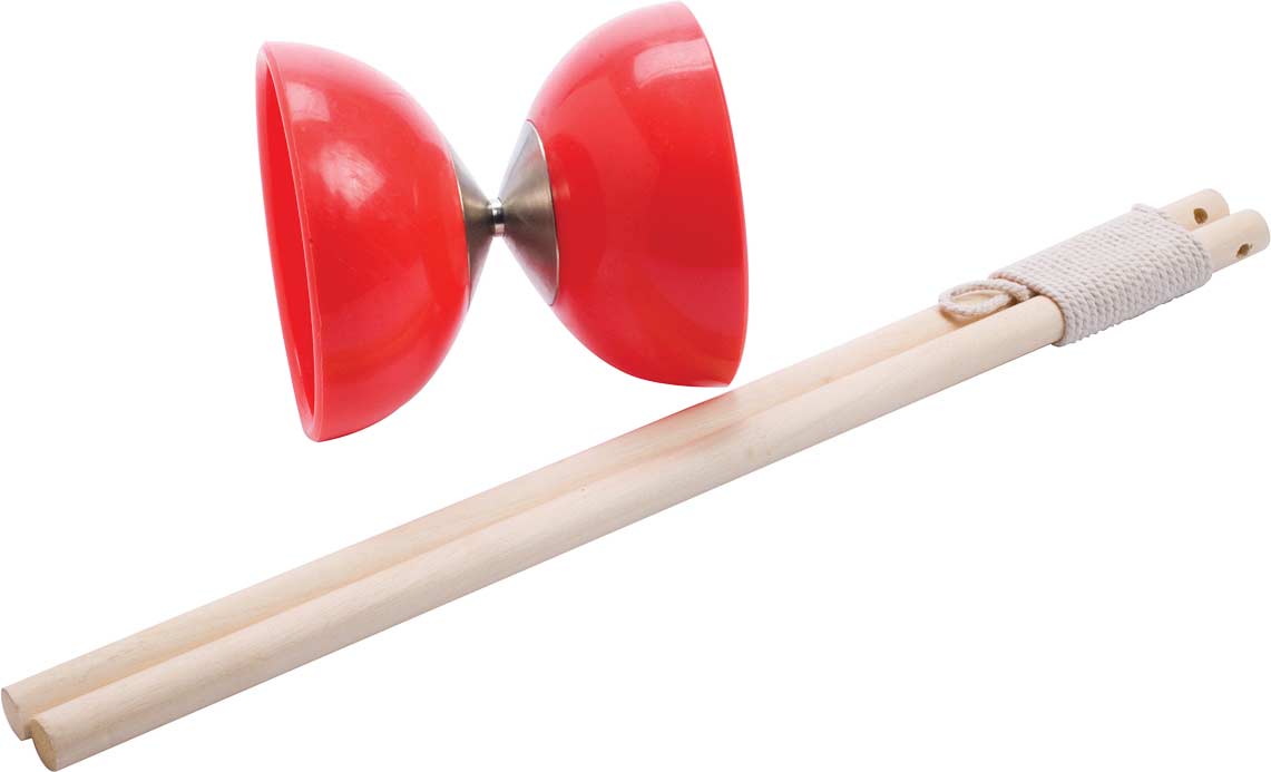 Diabolo toy in red with wooden sticks, perfect for spinning and performing tricks, includes instructions for ages 6 and up.
