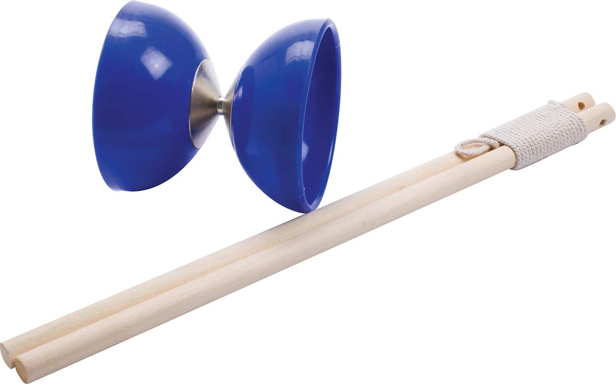 Diabolo toy with blue 4-inch spool and wooden sticks for spinning and performing tricks, suitable for ages 6 and up.