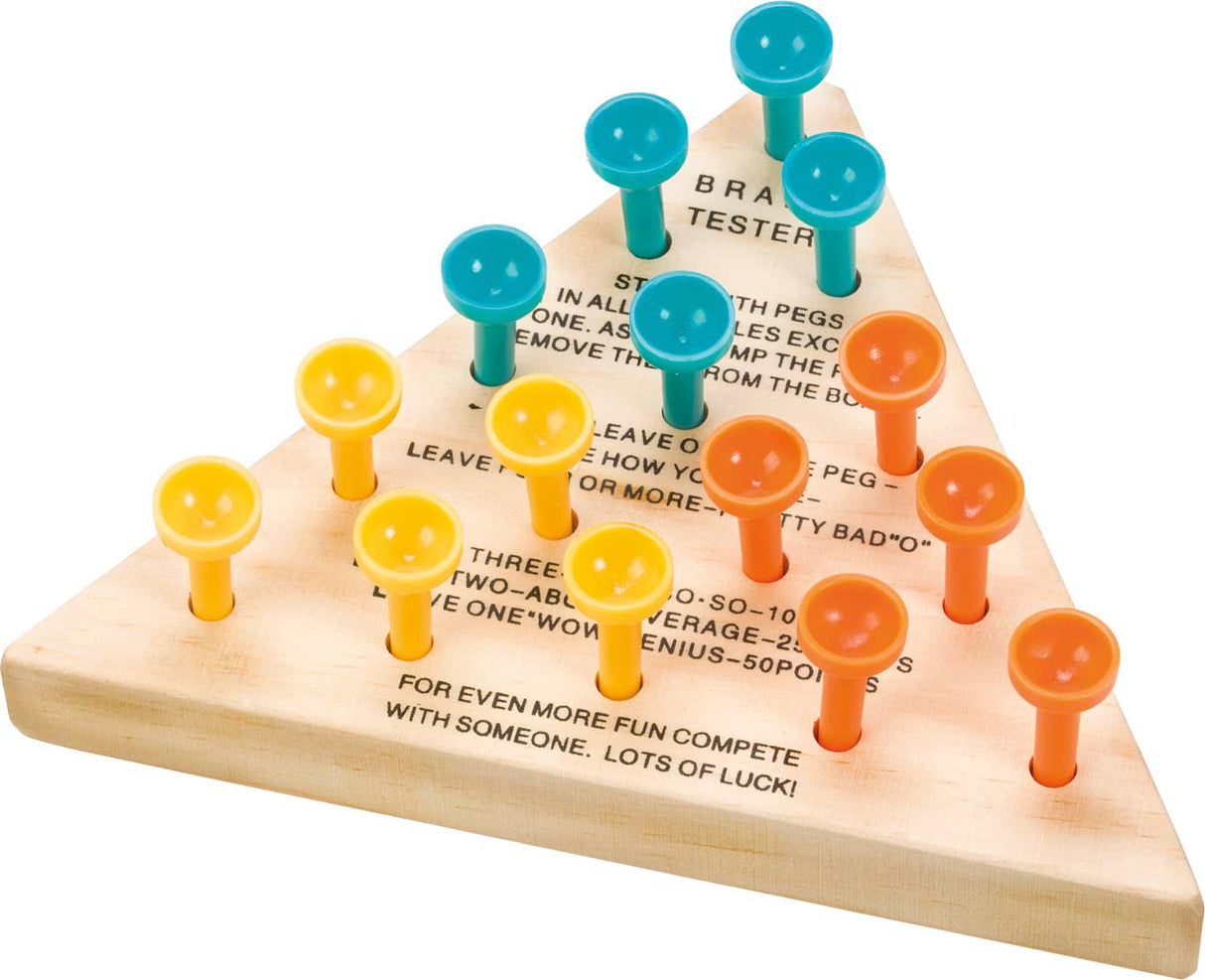 Peg Game wooden triangular board with colorful blue, yellow, and orange pegs arranged for a classic family puzzle challenge.