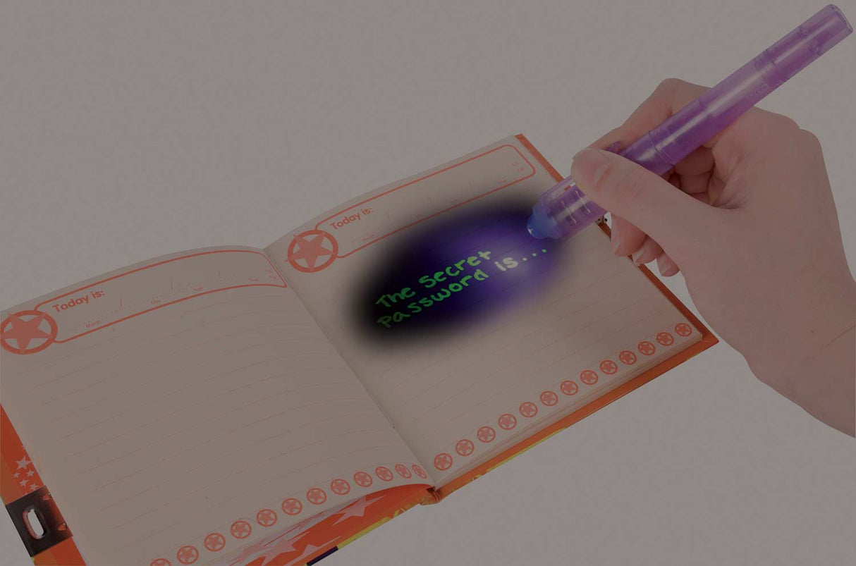 2-in-1 Invisible Writer showing secret message revealed by purple pen with built-in light on notebook page.
