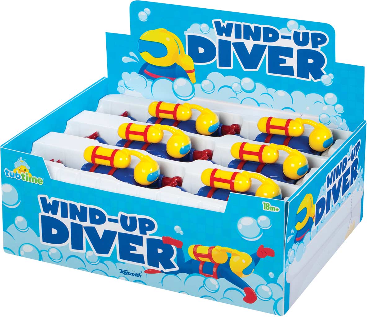 Wind-Up Scuba Diver wind-up toy swim across the tub bright yellow and red design for kids 18 months and up.