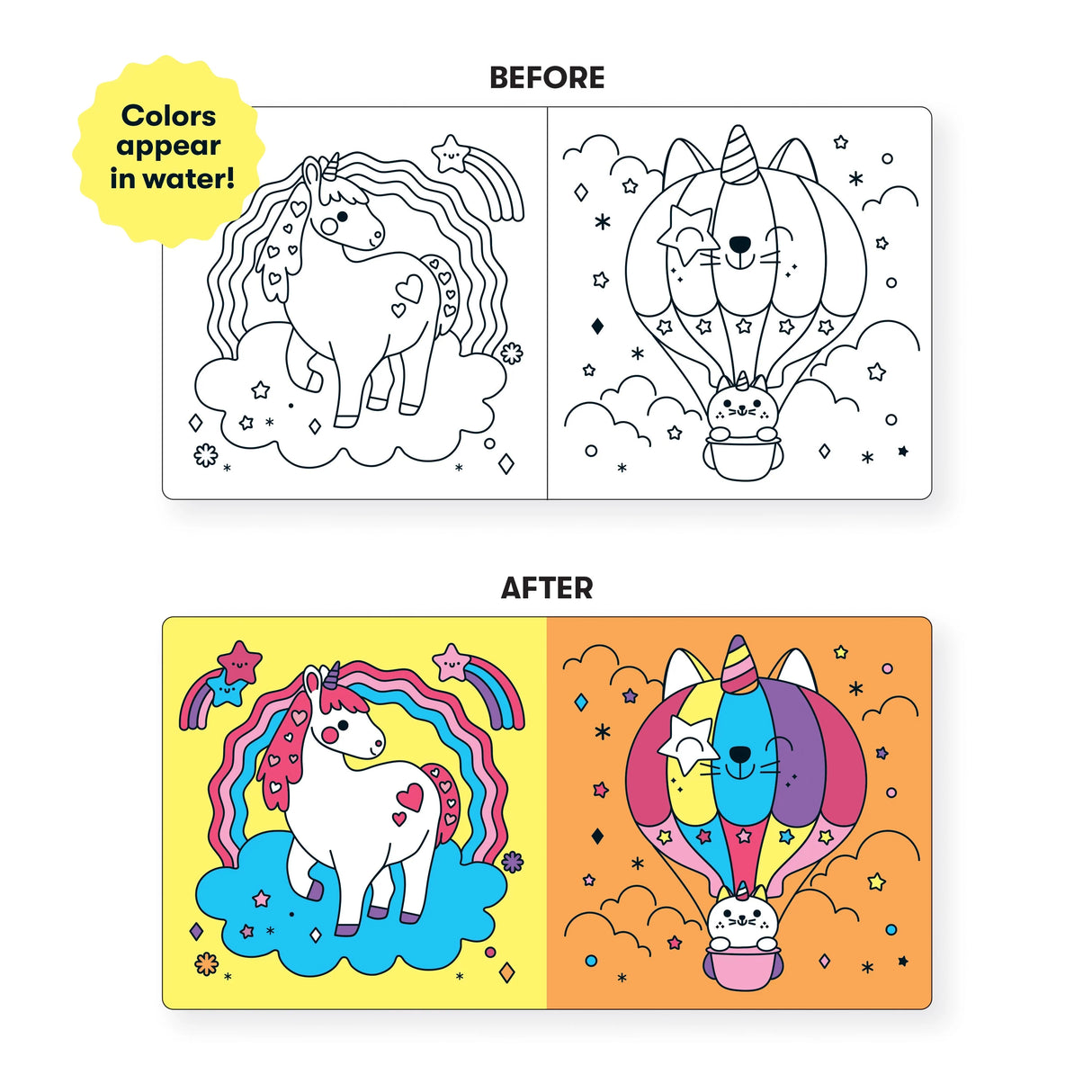 Bath Book Color Magic | Unicorn Dream showing black-and-white and colorful unicorn images that appear with water.