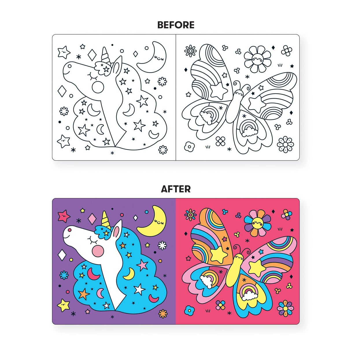 Bath Book Color Magic | Unicorn Dream showing color-changing unicorn and butterfly pages before and after water activation.