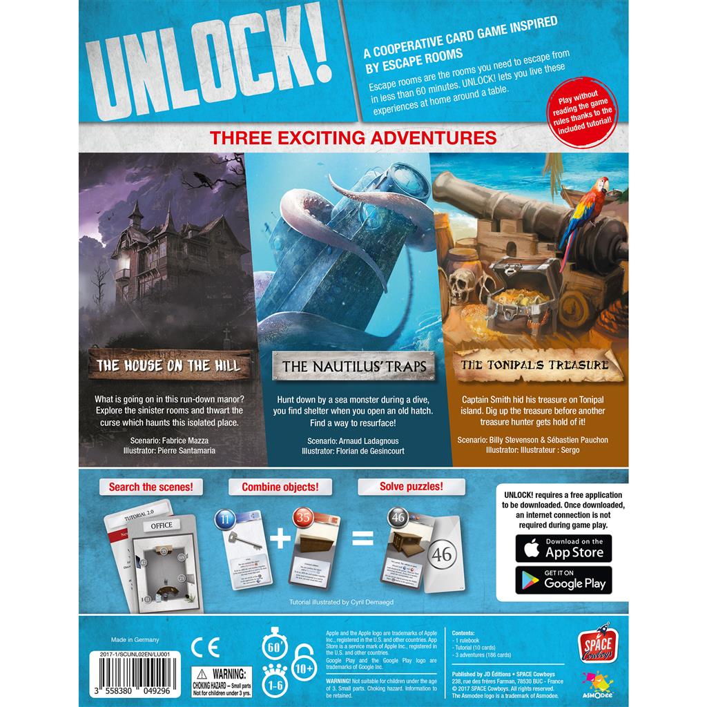 Unlock! Escape Game Mystery Adventures box featuring three cooperative card game escape room challenges.