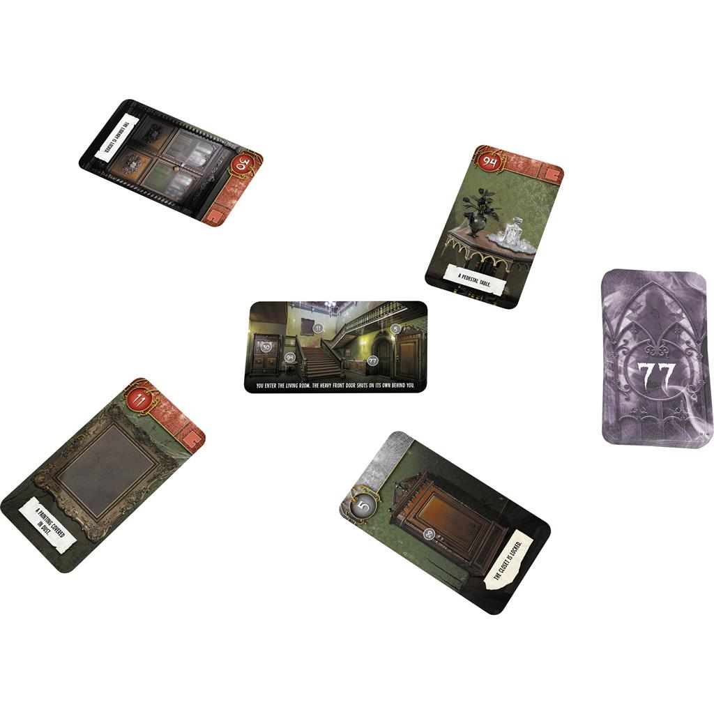 Unlock! Escape Game Mystery Adventures cards showing clues and puzzles from the escape room board game series.