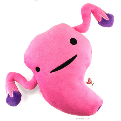 Uterus plush toy in pink with friendly face, soft and cuddly, designed as a cute educational reproductive organ.