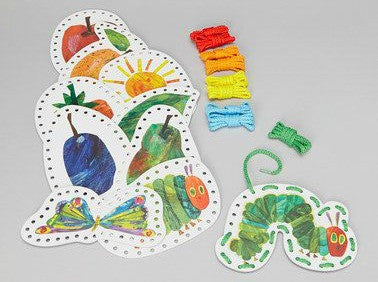 Very Hungry Caterpillar Lacing Cards with colorful strings and character designs for fine motor skill development.