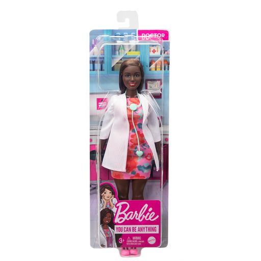 Barbie Doctor Doll wearing colorful dress and white coat with stethoscope, inspiring kids to dream big careers.