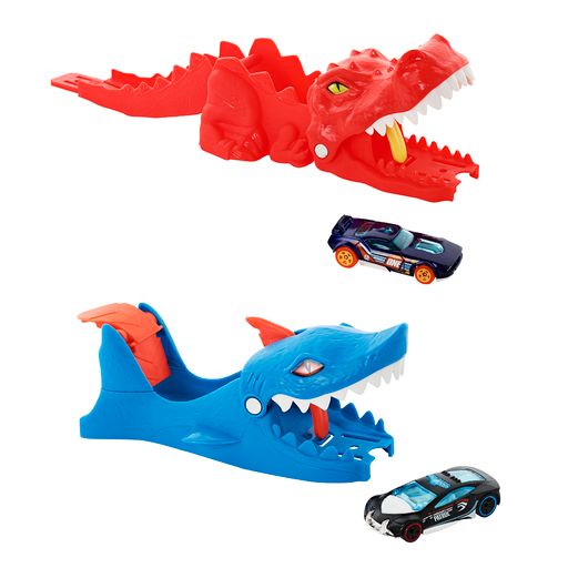 Hot Wheels Nemesis Launcher with red T-rex and blue shark car launchers, each including a 1:64 scale car.