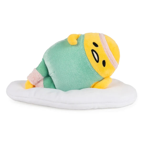 Gudetama Eggercise plush featuring lazy egg in teal workout outfit on soft plush egg white lounging sideways.