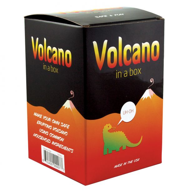 Volcano in a Box kit packaging showing volcano illustration and dinosaur with erupting volcano theme colors.