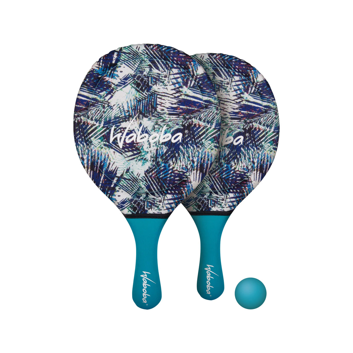 Waboba Beach Paddle Set with two paddles and soft rubber ball featuring waterproof cover and non-slip handles.