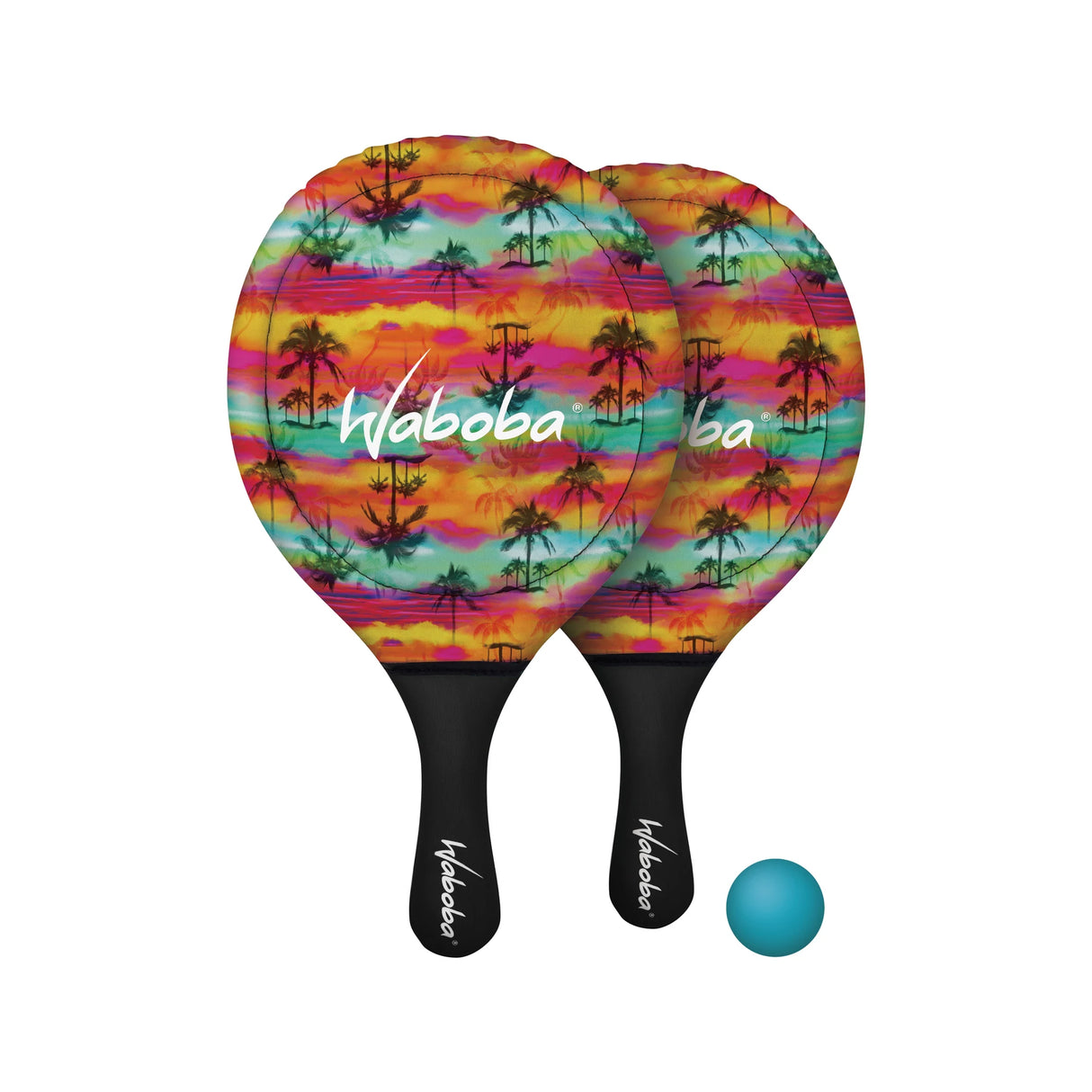 Waboba Beach Paddle Set with vibrant palm tree design, waterproof paddles, non-slip grips, and a floating soft rubber ball.
