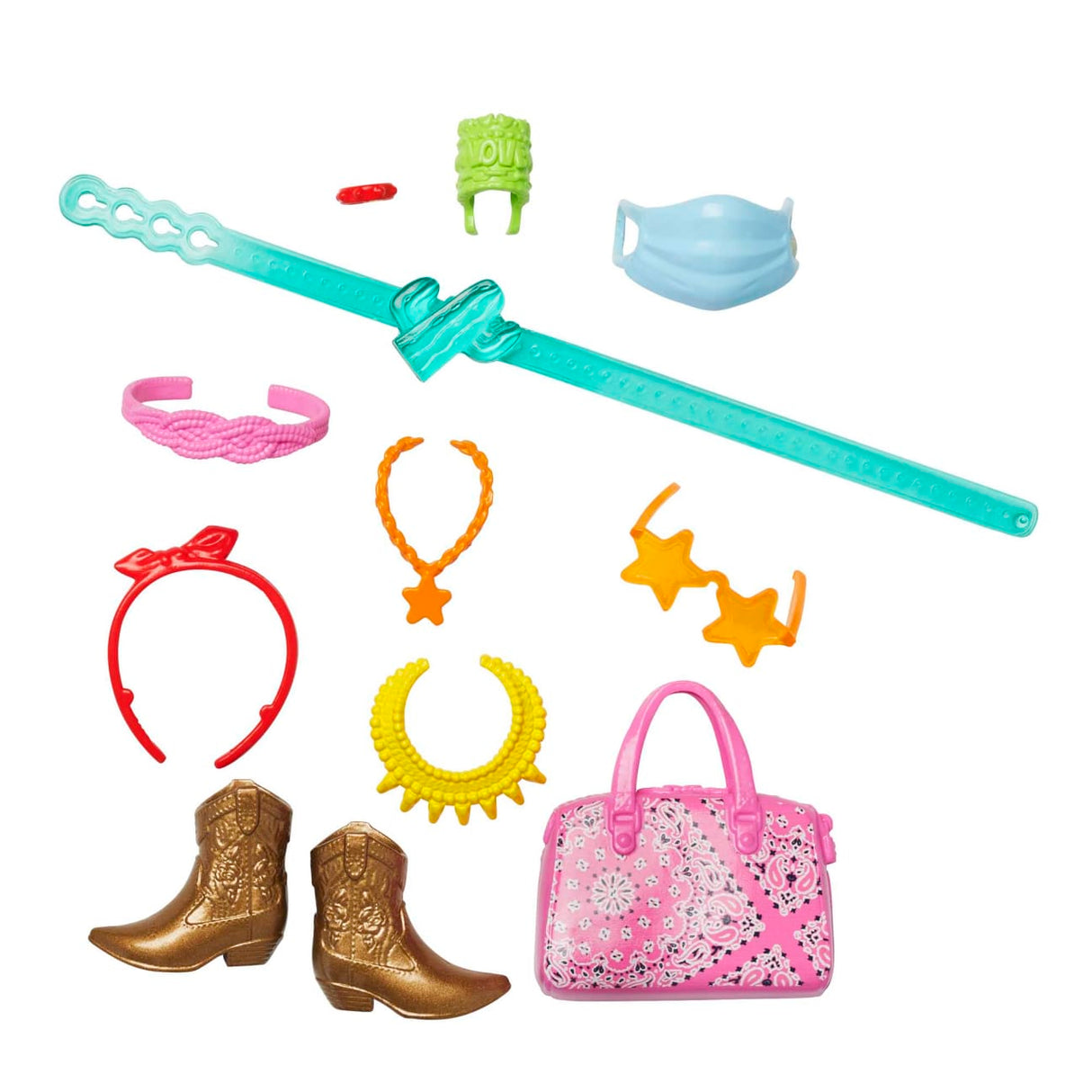 Barbie Fashion Accessories including hats, jewelry, boots, bag, and mask for styling and storytelling play sets.