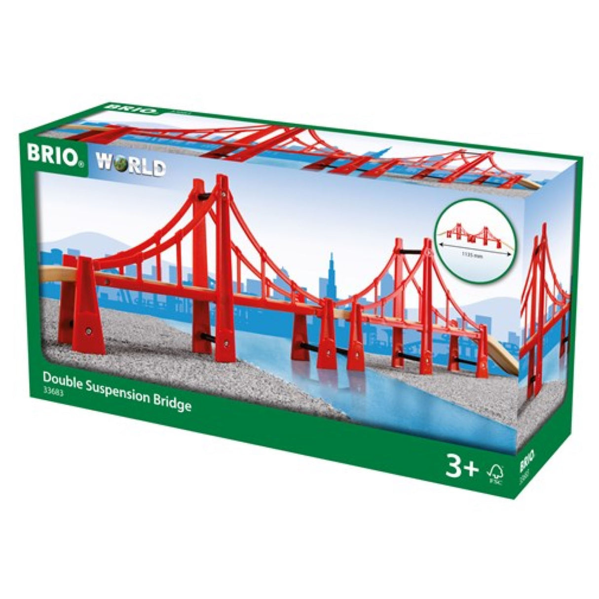 Double-Suspension Bridge by BRIO, a red wooden railway bridge set for ages 3+, builds thrilling train track layouts.