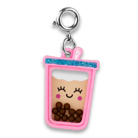 Bubble Tea Charm featuring a pink enamel cup with smiling face and shaking brown bubble beads inside.
